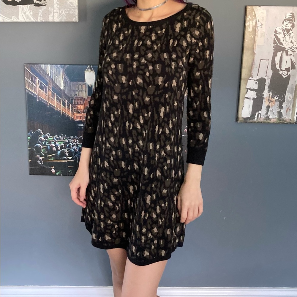 Express Olive Green Black Leopard Camo Sweater Mini Dress 3/4 Sleeve XXS XS
